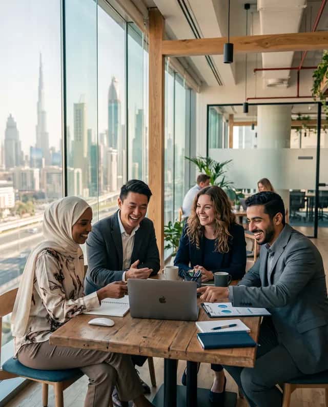 Diverse team collaborating in a bright modern Dubai office