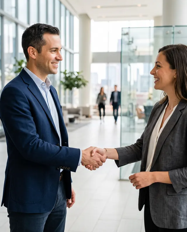 A professional handshake in an office lobby