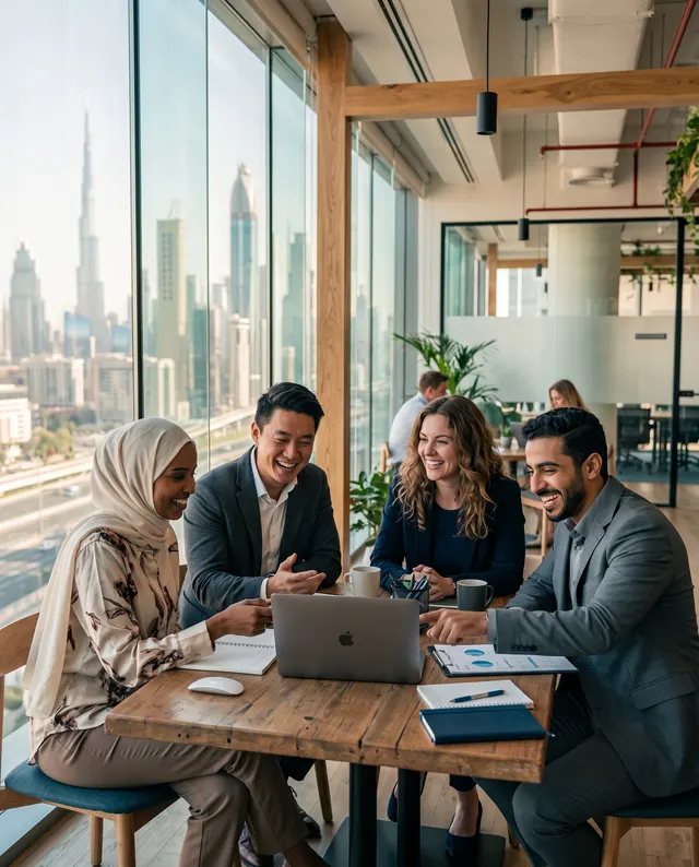 Diverse team collaborating in a bright modern Dubai office