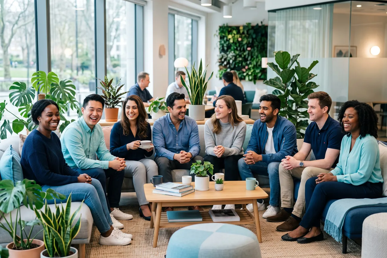 Employees together in a bright office wellbeing space